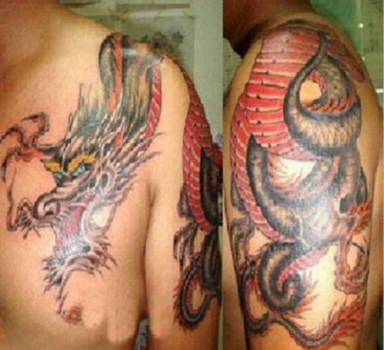 European Dragon Pic Tattoo On Arm And Chest